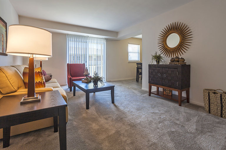 Interior of Orangewood Park apartment living room in Levittown, PA